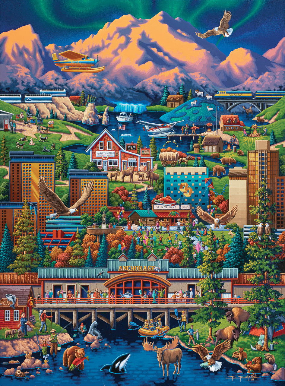 Dowdle Puzzle featuring a colorful Eric Dowdle painting of Anchorage, Alaska, with mountains, a floatplane, wildlife, and a cityscape. Mount Denali.
As seen on the Magnolia Network's The Piece Maker with Eric Dowdle