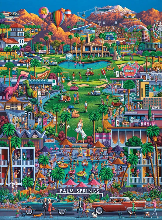 A colorful illustration of Palm Springs, featuring iconic mid-century modern architecture, a golf course, and a statue of Marilyn Monroe, with various people and activities in the foreground.
