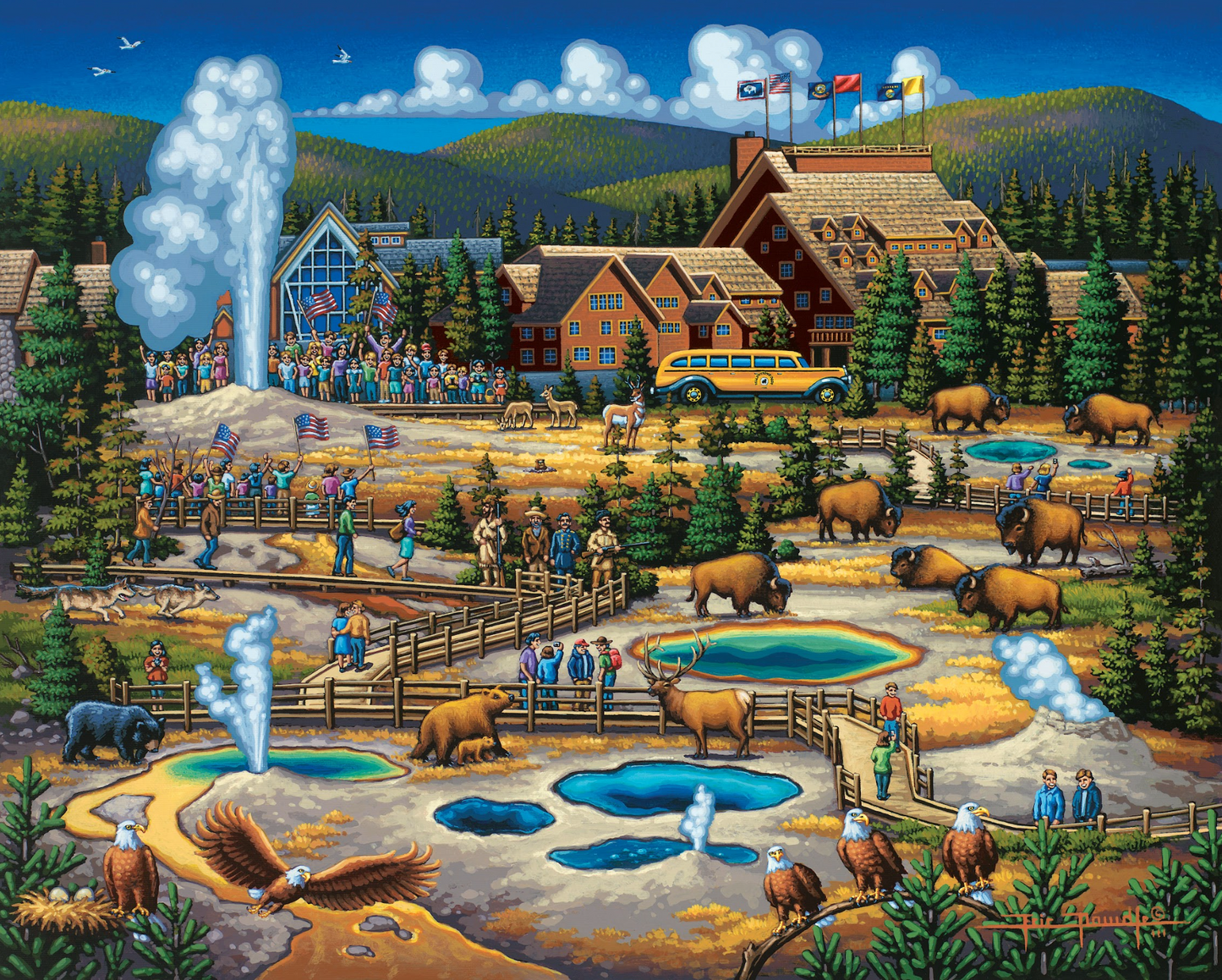 A colorful illustration of Yellowstone National Park featuring Old Faithful Geyser, wildlife, and a park visitors center based on Eric Dowdle's original art. Yellowstone Puzzle National Parks travel souvenir jigsaw puzzle