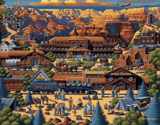 A colorful Eric Dowdle Puzzle of the south rim of the Grand Canyon featuring notable landmarks such as Bright Angel Lodge, The El Tovar Hotel, and the Desert View Watchtower, along with the Grand Canyon Railway.